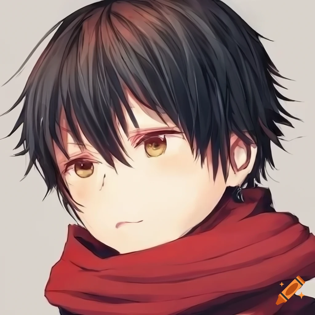 anime boy with black hair and brown eyes wearing a red scarf