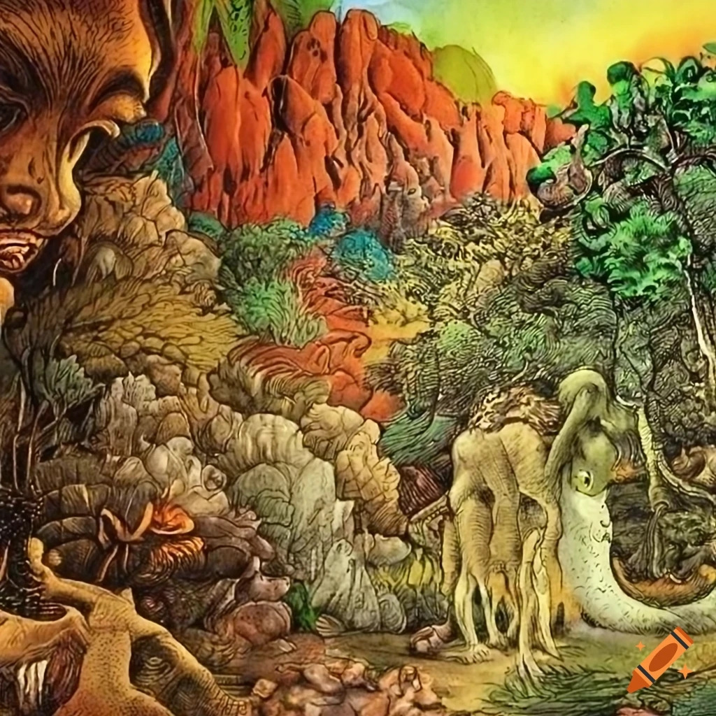 Artwork of a jungle landscape with animal-human hybrids on Craiyon