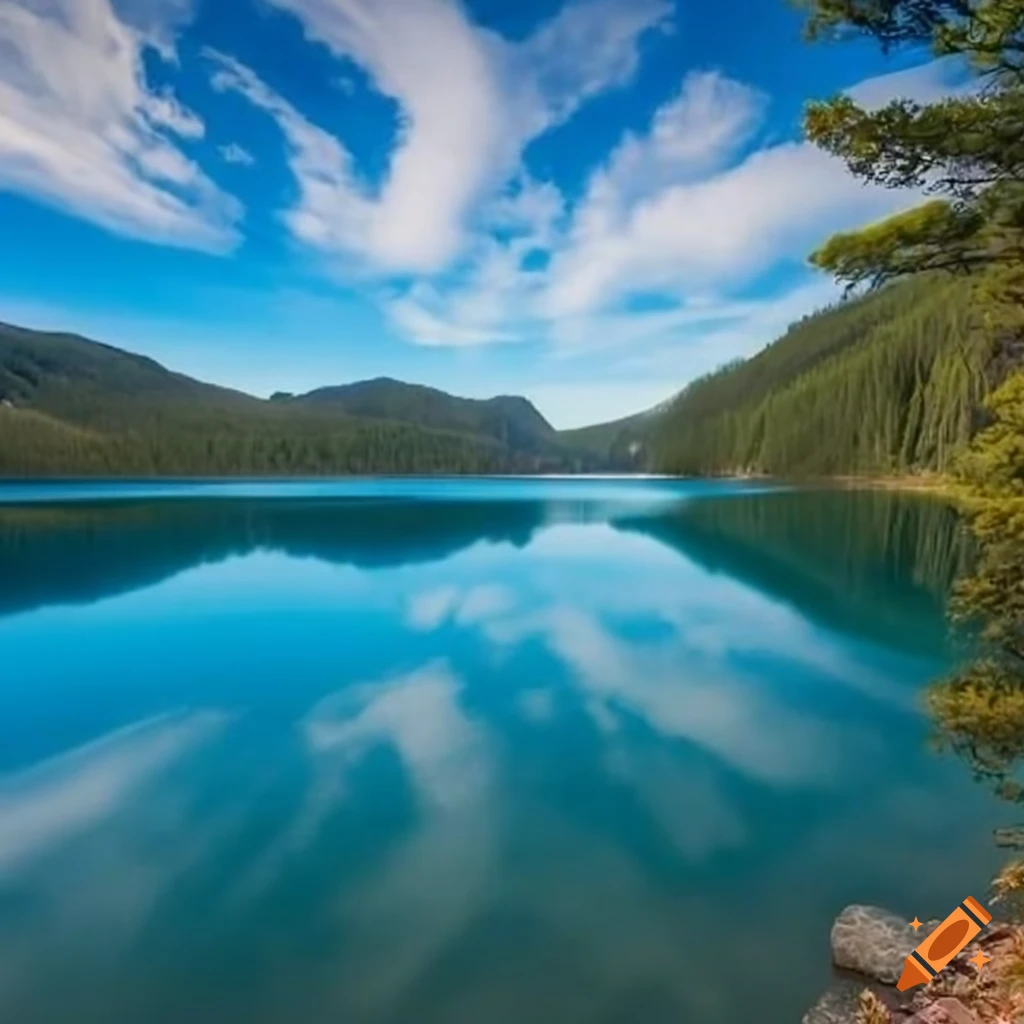 Scenic view of a blue lake under a clear blue sky on Craiyon