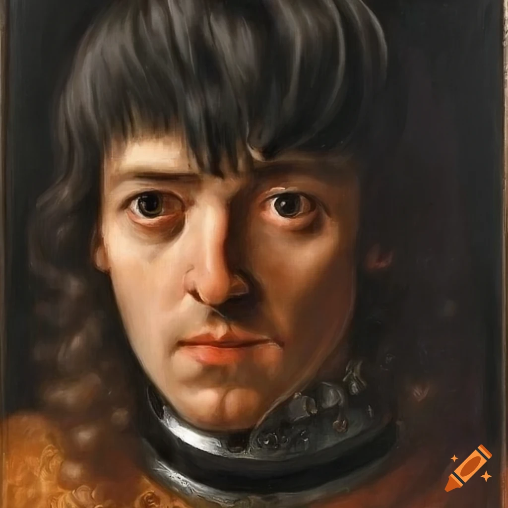 Oil painting of a knight with black hair on Craiyon