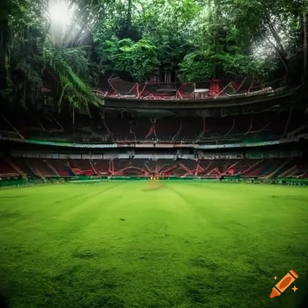 A football stadium embedded in a dense rainforest on Craiyon