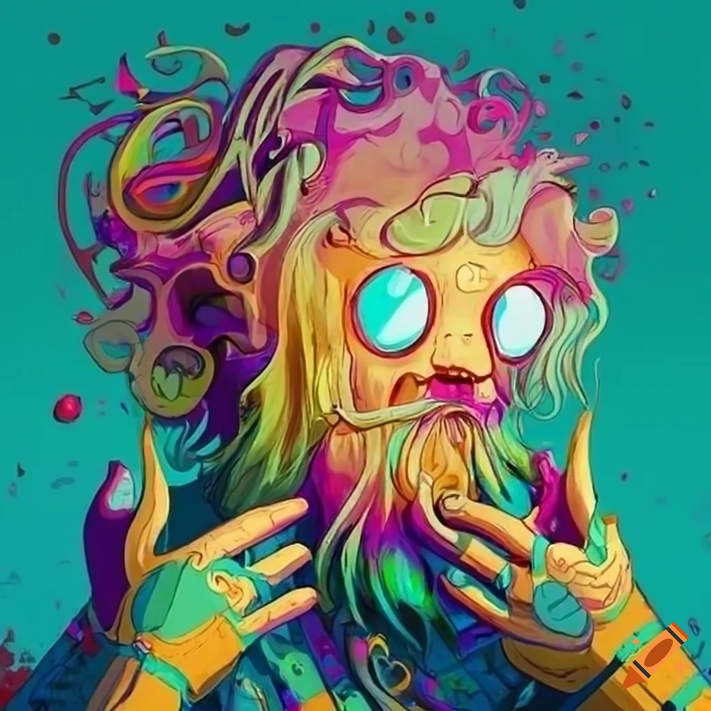 colorful artwork of a blonde bearded man in a wild hallucination