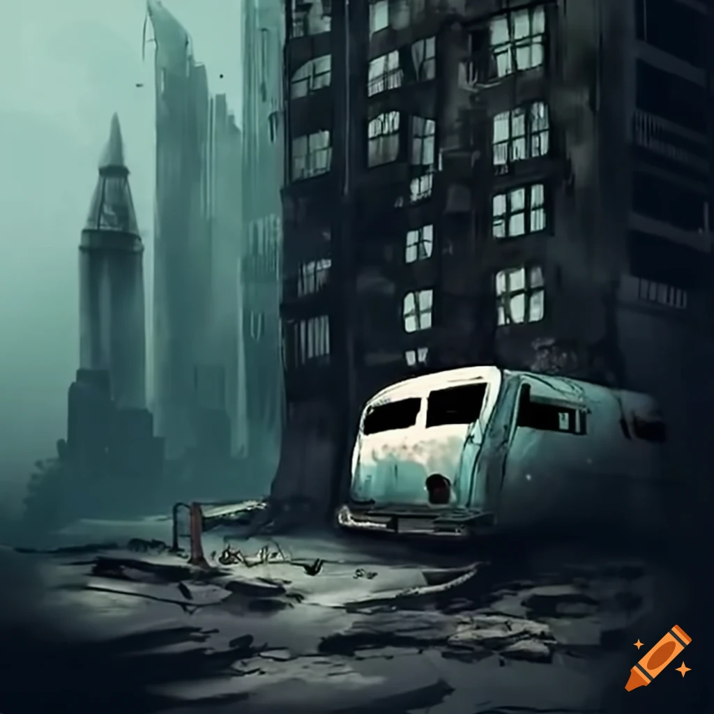 Flying van in a post-apocalyptic cityscape