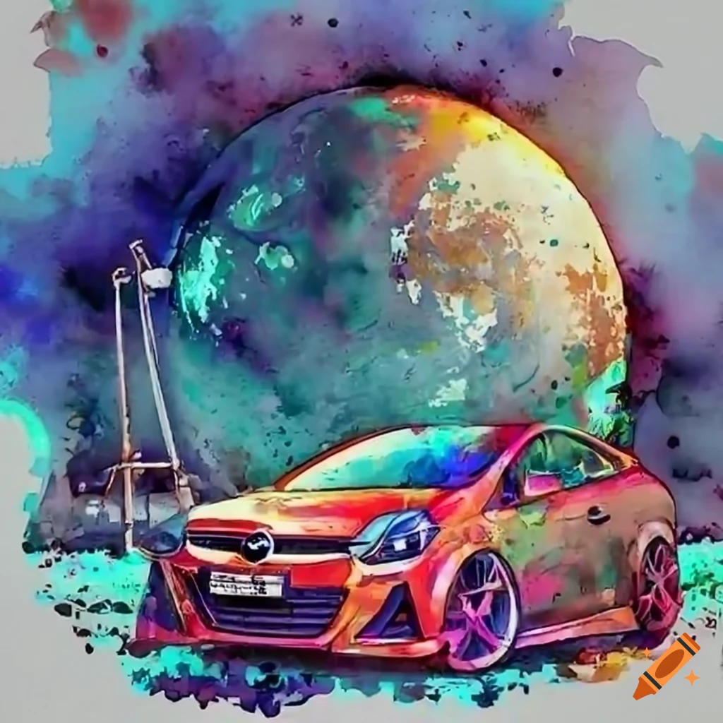 Graffiti of a fast pink opel astra h opc with exploding blue and white  planet on Craiyon
