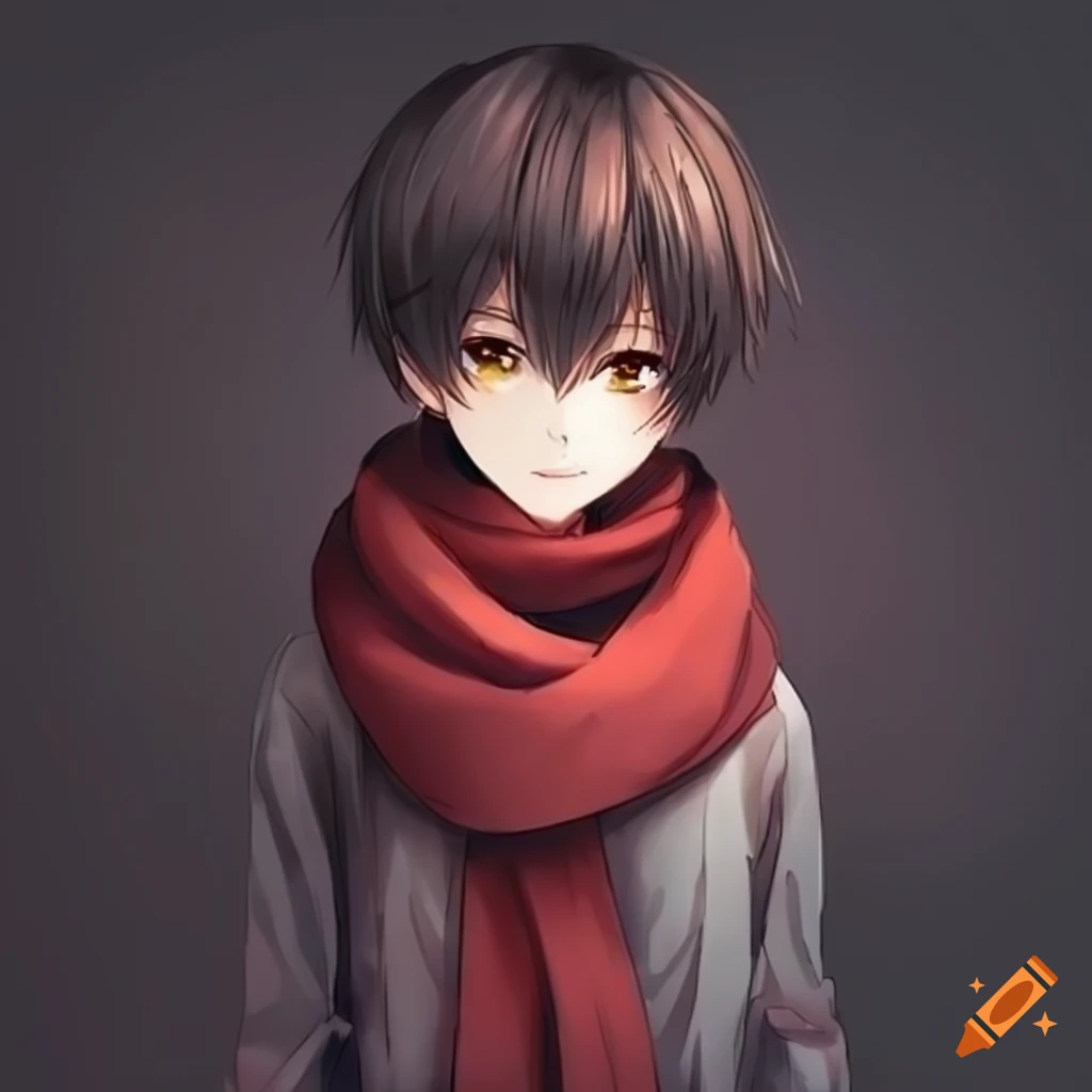 anime boy with black hair and red scarf