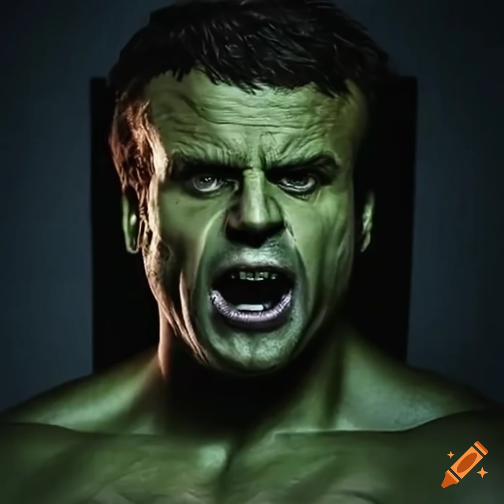 satirical image of Emmanuel Macron facing off against Hulk