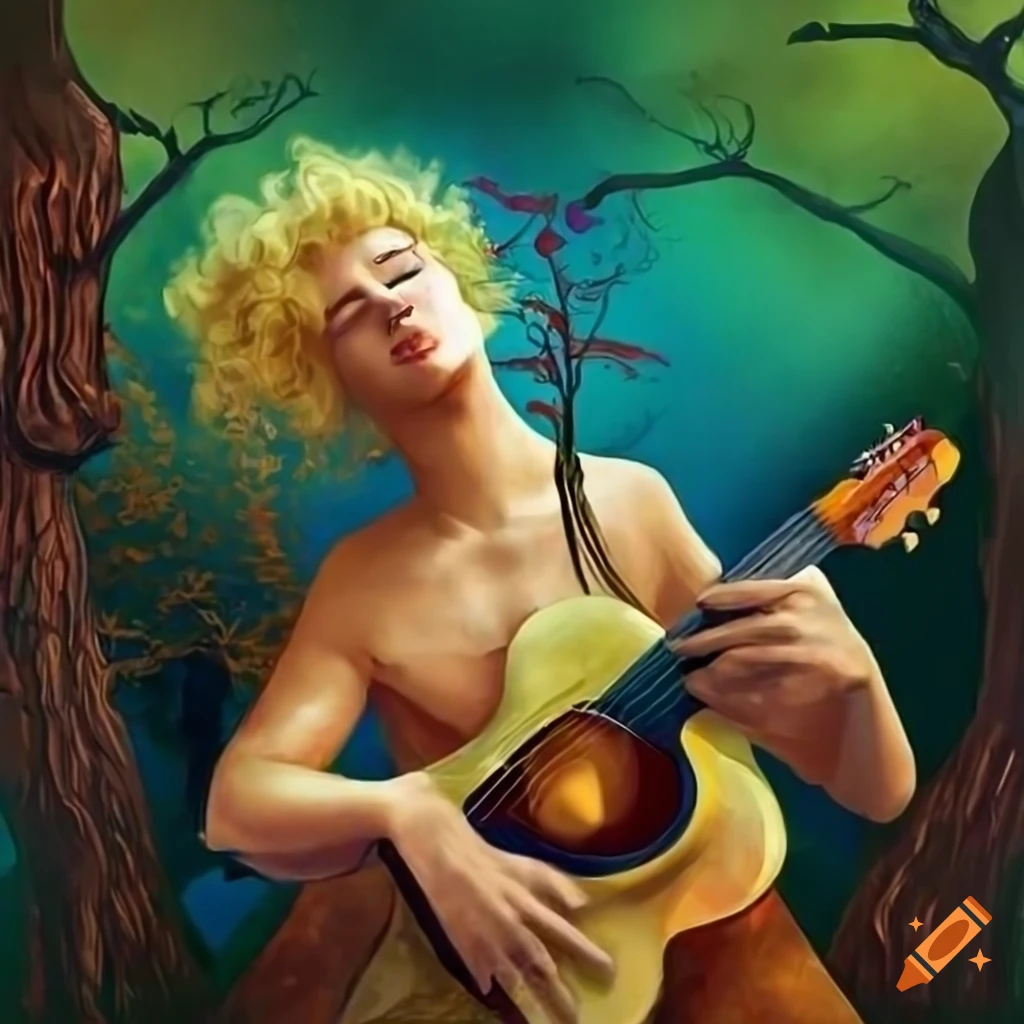 mystical artwork of a blonde male musician playing guitar in a magical forest