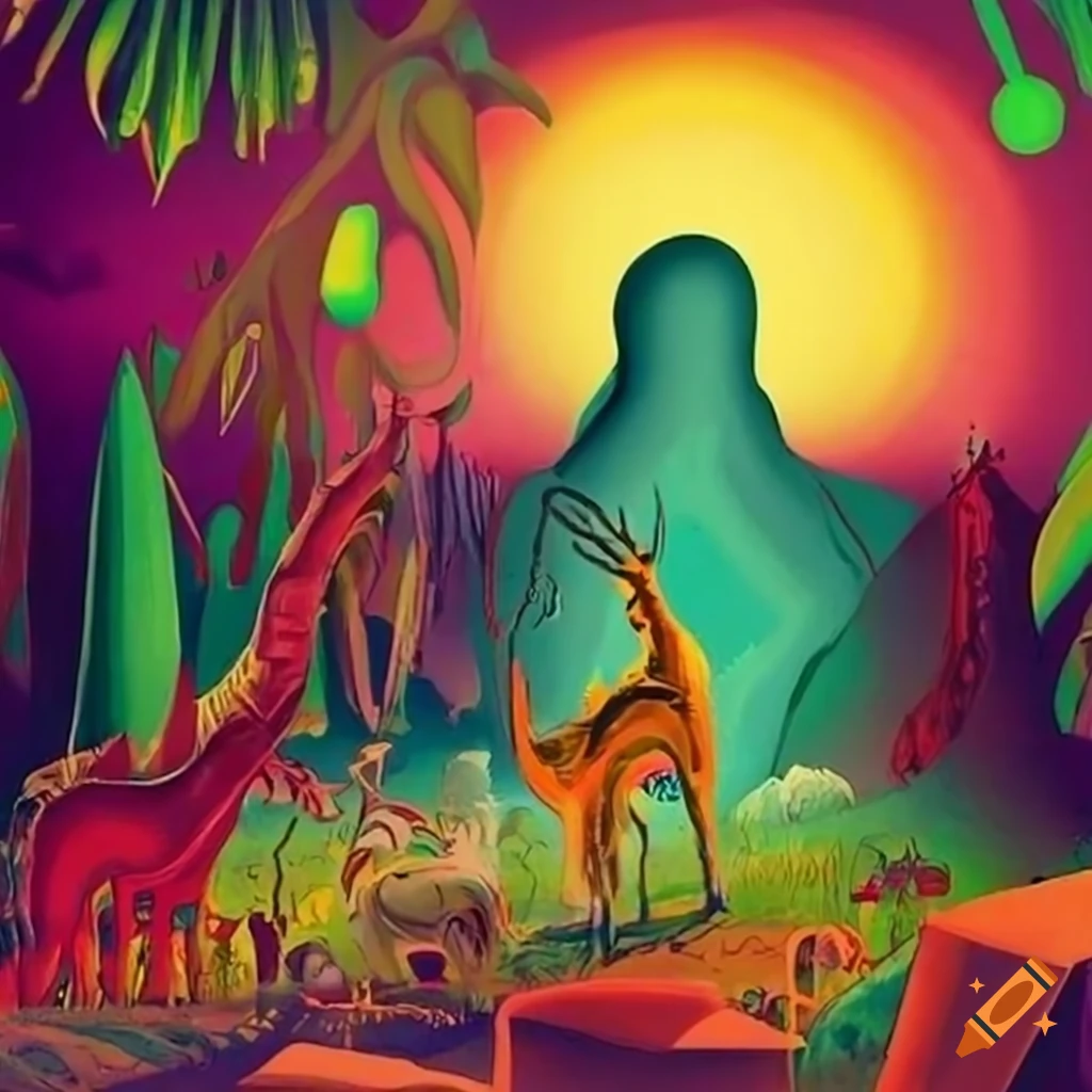illustration of jungle landscape with animal-human hybrids