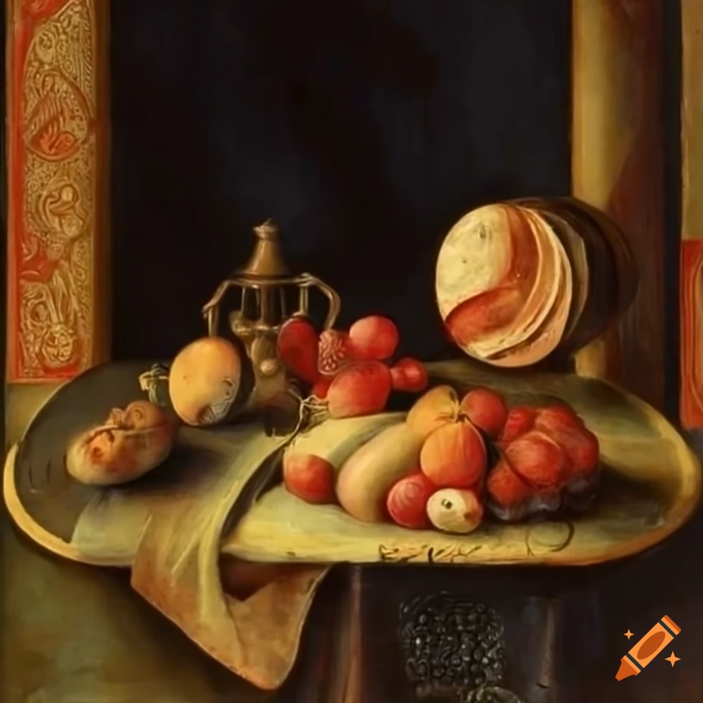 Medieval still life painting with a table filled with food and fruits