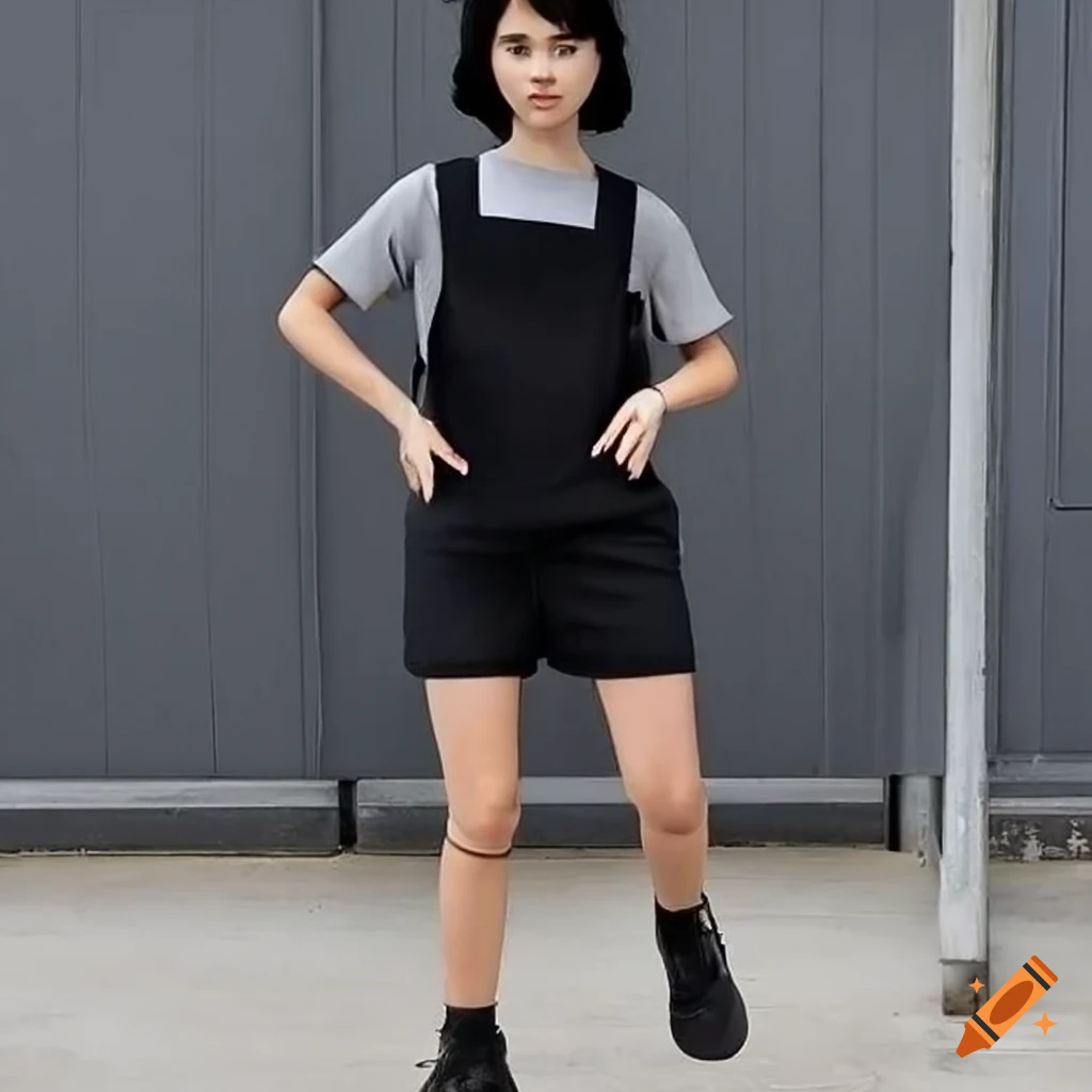 stylish teenager in a black pinafore dress and gray sweatshirt skipping rope on the streets