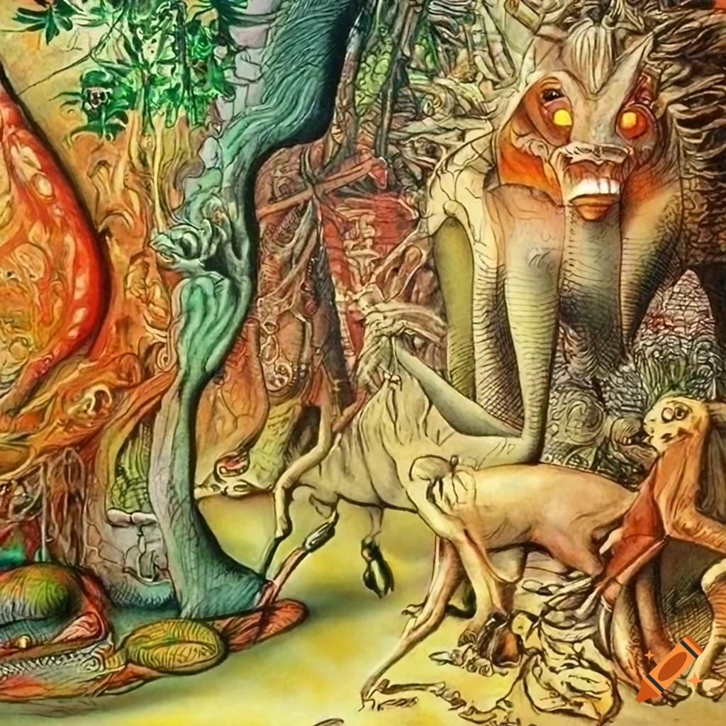 Artwork of a jungle landscape with animal-human hybrids on Craiyon