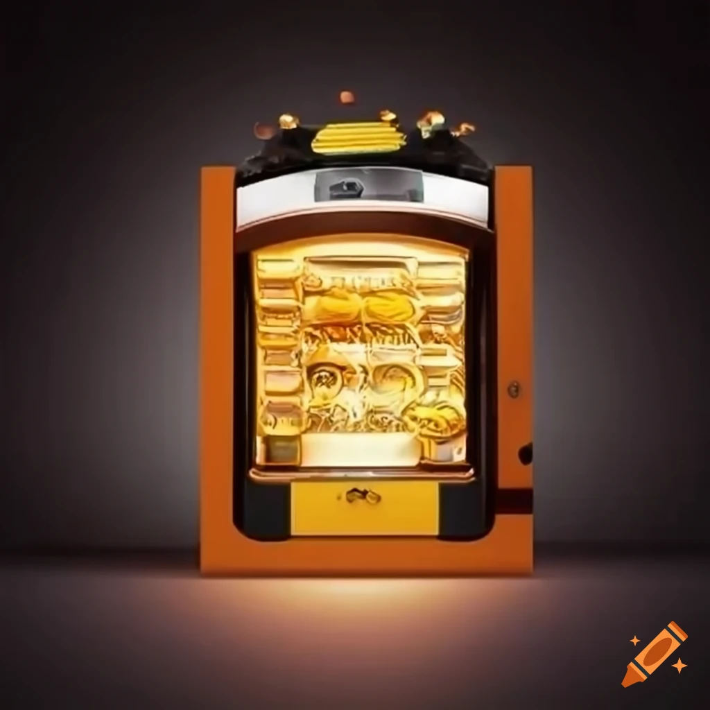 Creative gold coin vending machine with rooftop house design on Craiyon