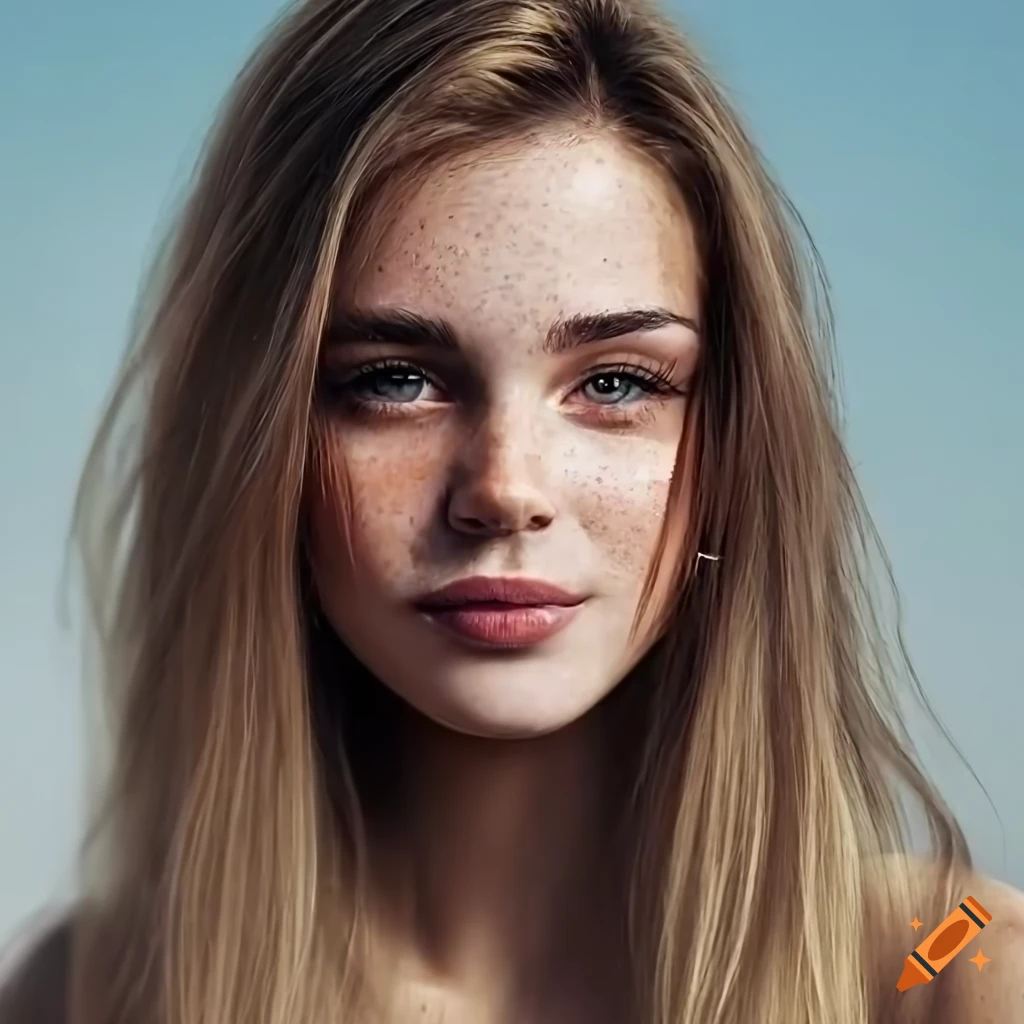 Portrait of a beautiful young woman with freckles and blonde hair on ...