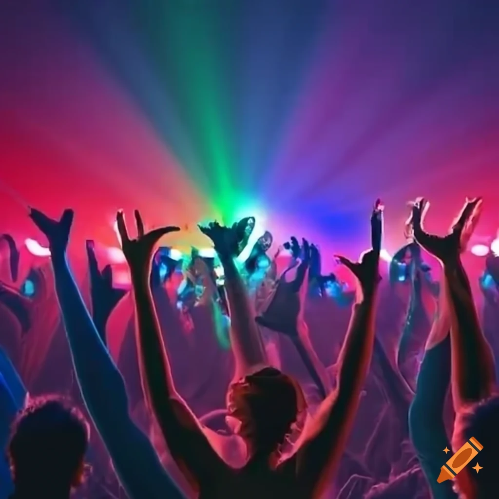 colorful dancing crowd with flashing lights