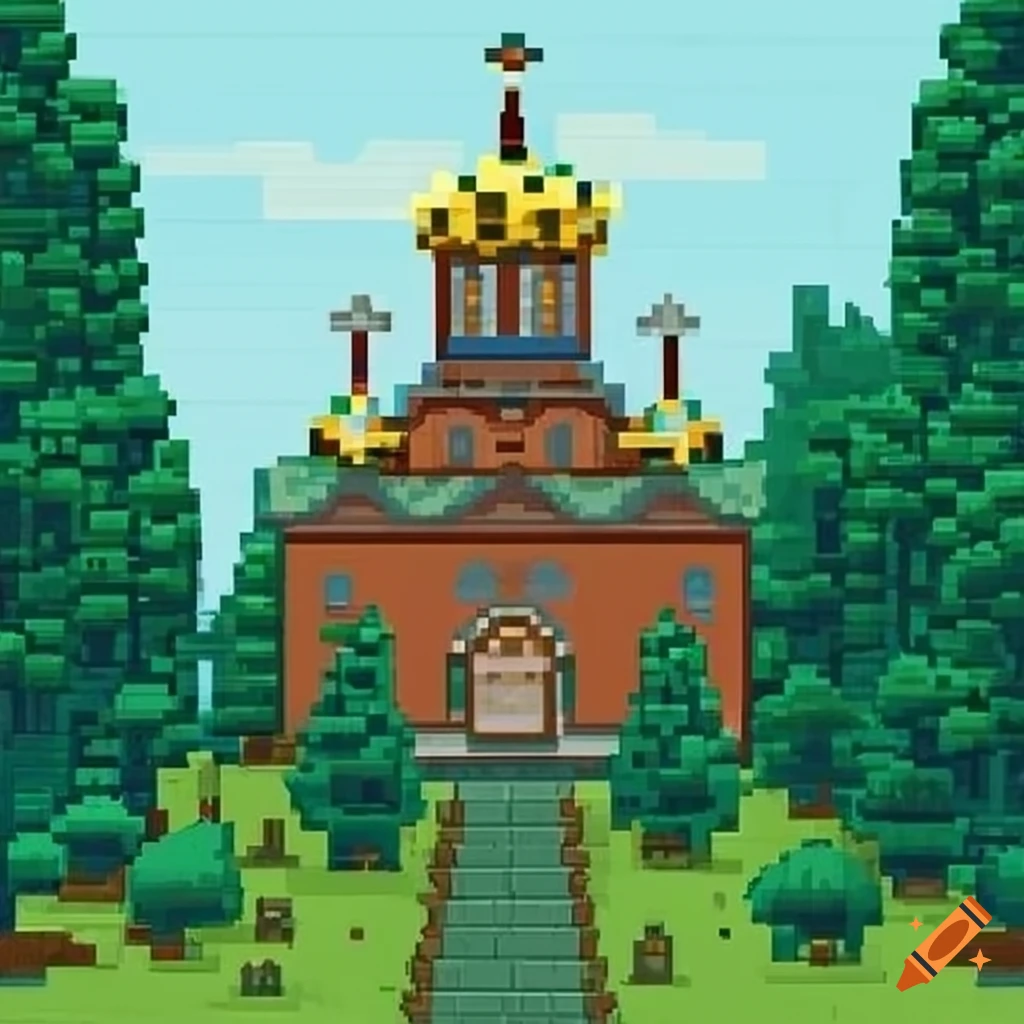 pixel art of an orthodox church in a forest