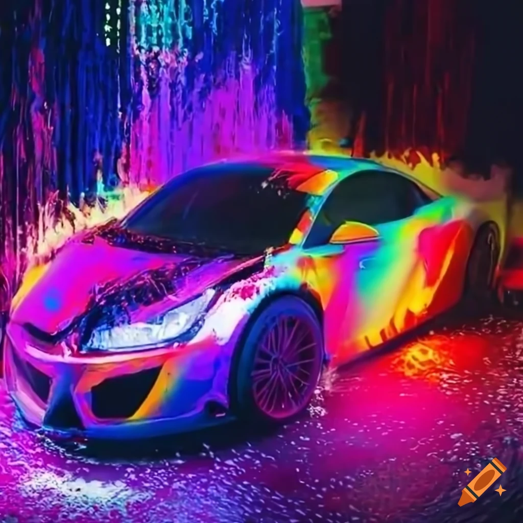 Racing Car Going Through A Colorful Car Wash On Craiyon