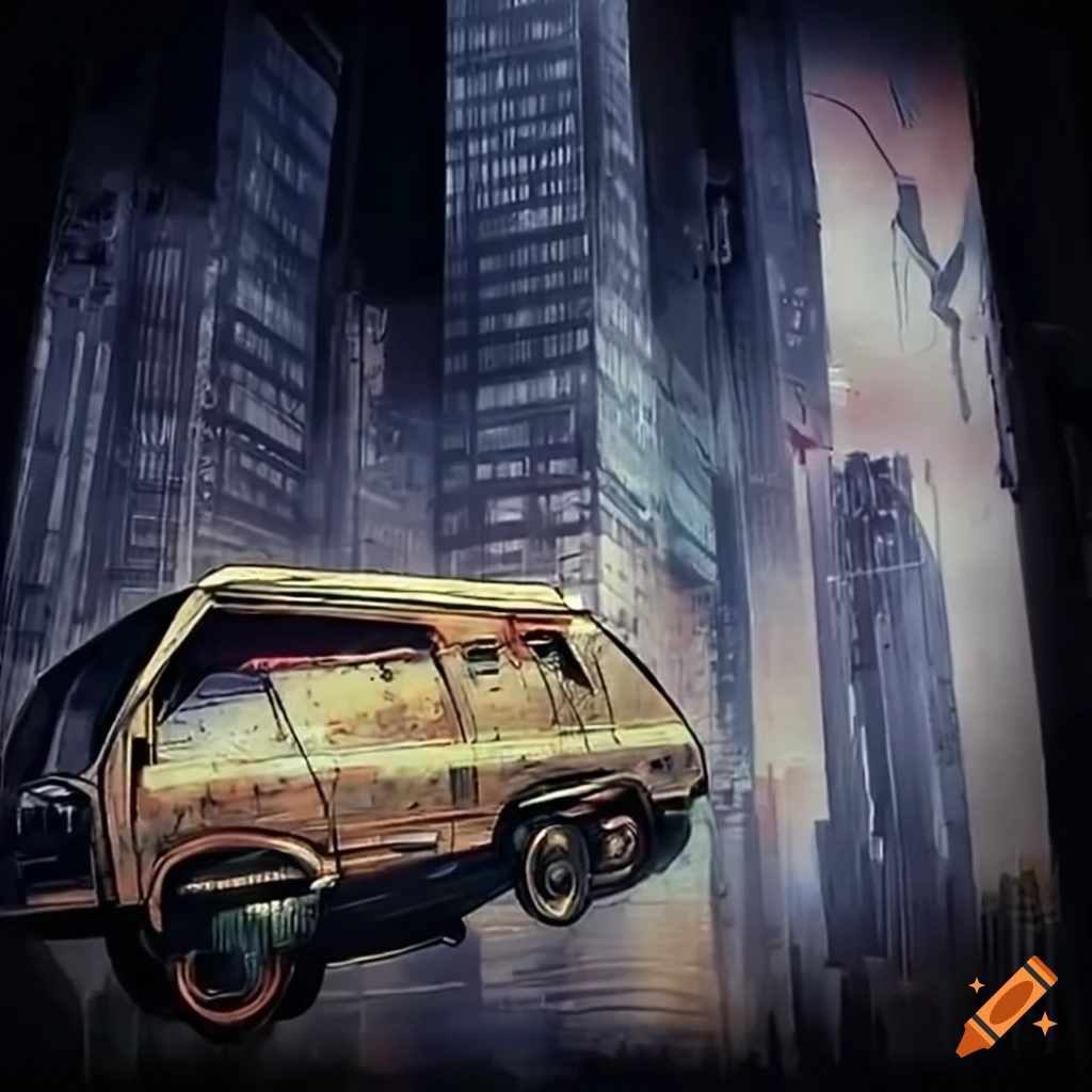 flying van in a post-apocalyptic city