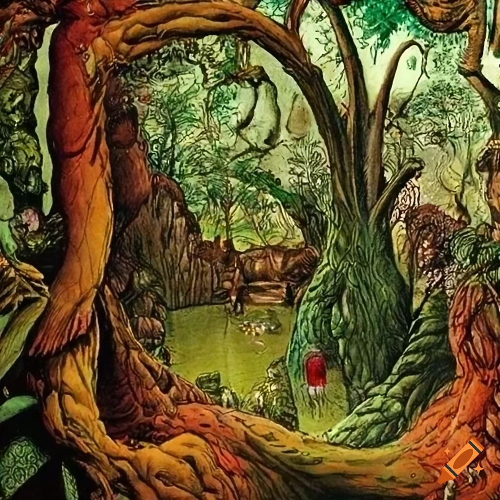 Artwork of a jungle landscape with animal-human hybrids on Craiyon