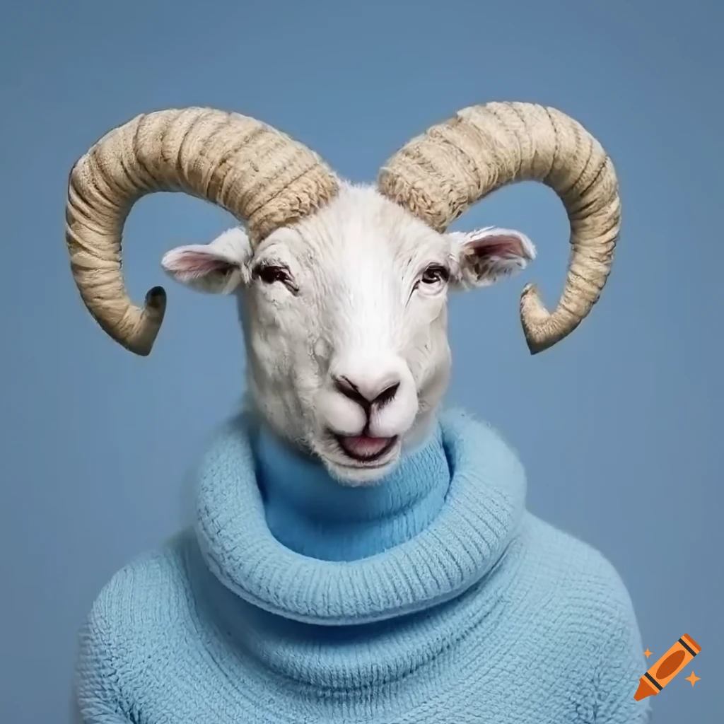 Photorealistic ram wearing a knitted turtleneck sweater on Craiyon