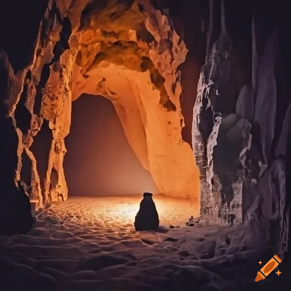 dark gray crystal cave with orange lantern light