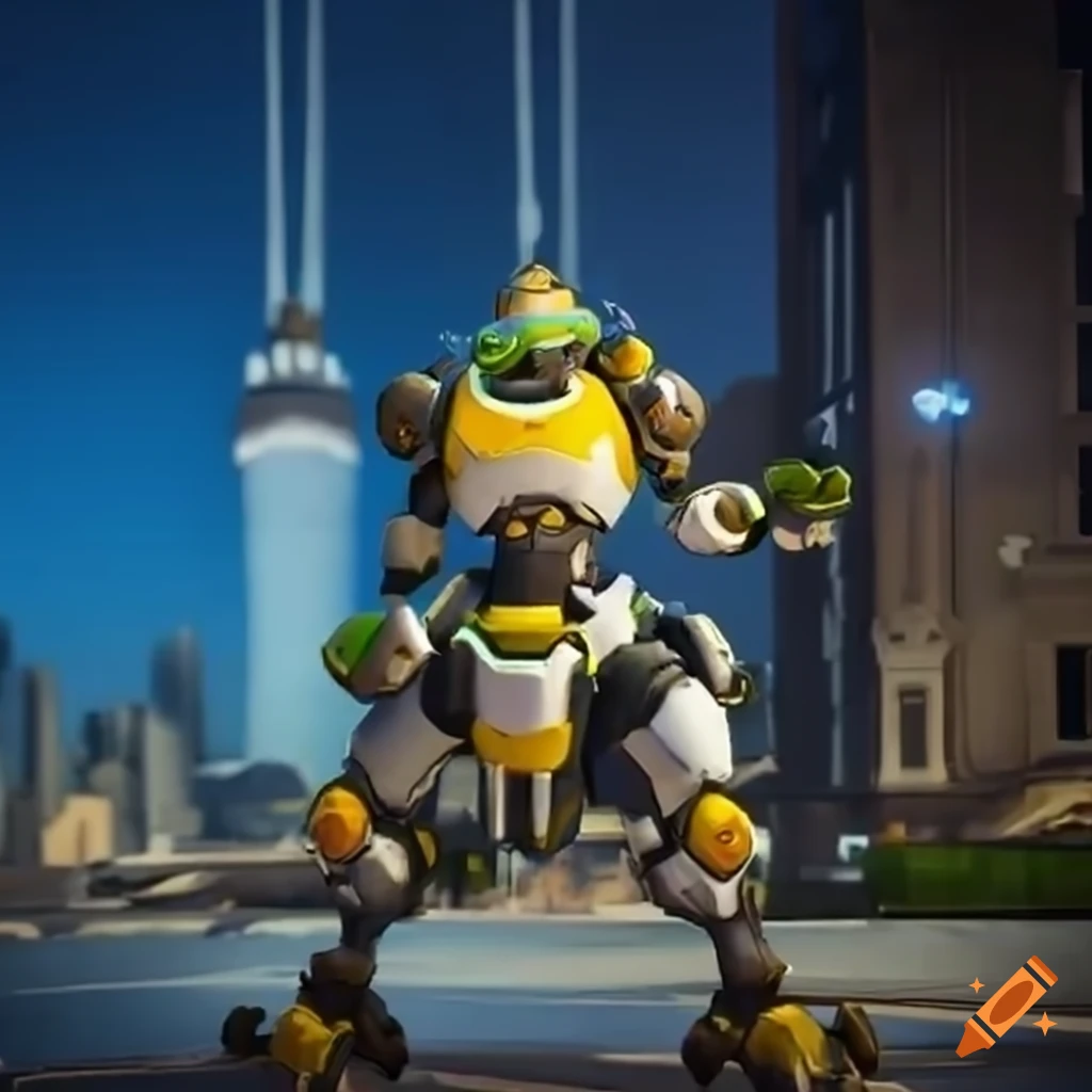 Orisa floating in front of the Twin Towers