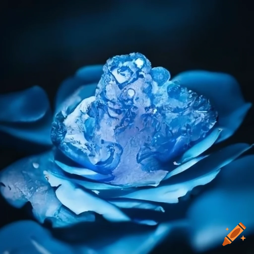 ice sculpture of a damask rose with translucent blue petals