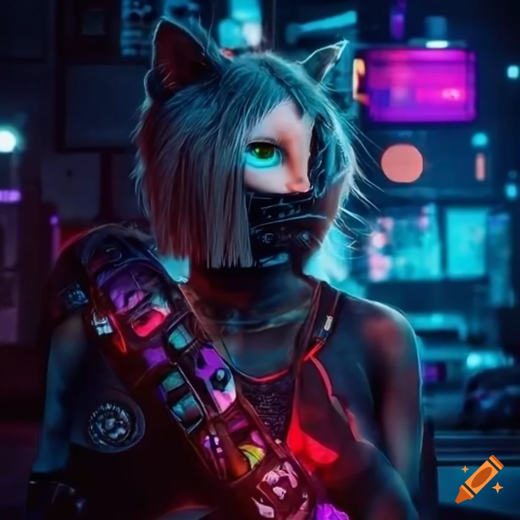 Cyberpunk Illustration Of Cats In A Futuristic City 2312