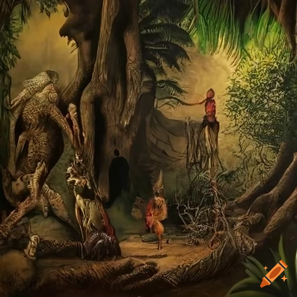 Illustration of a jungle landscape with animal-human hybrids on Craiyon