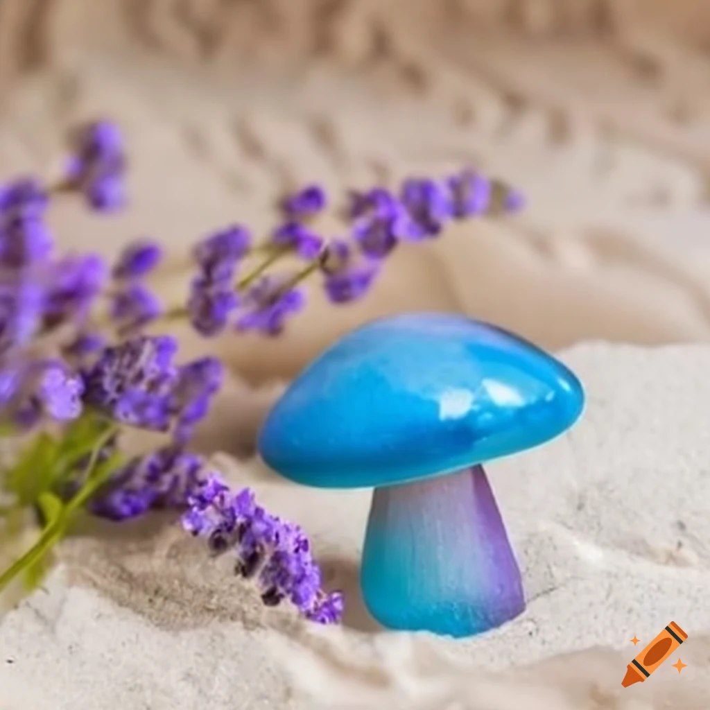 blue, lavender, and pink cat's eye stone mushroom on white sand