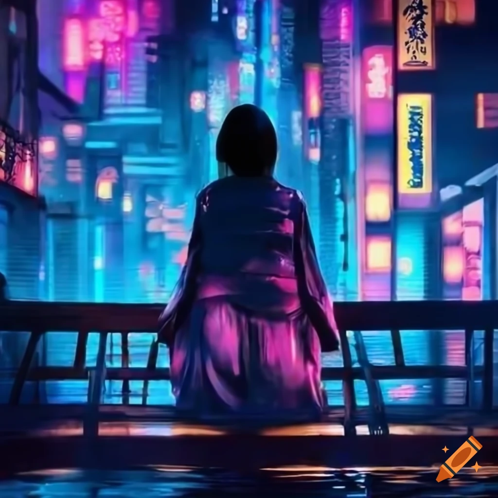 hyper-realistic neon cityscape with a Japanese woman on a bridge