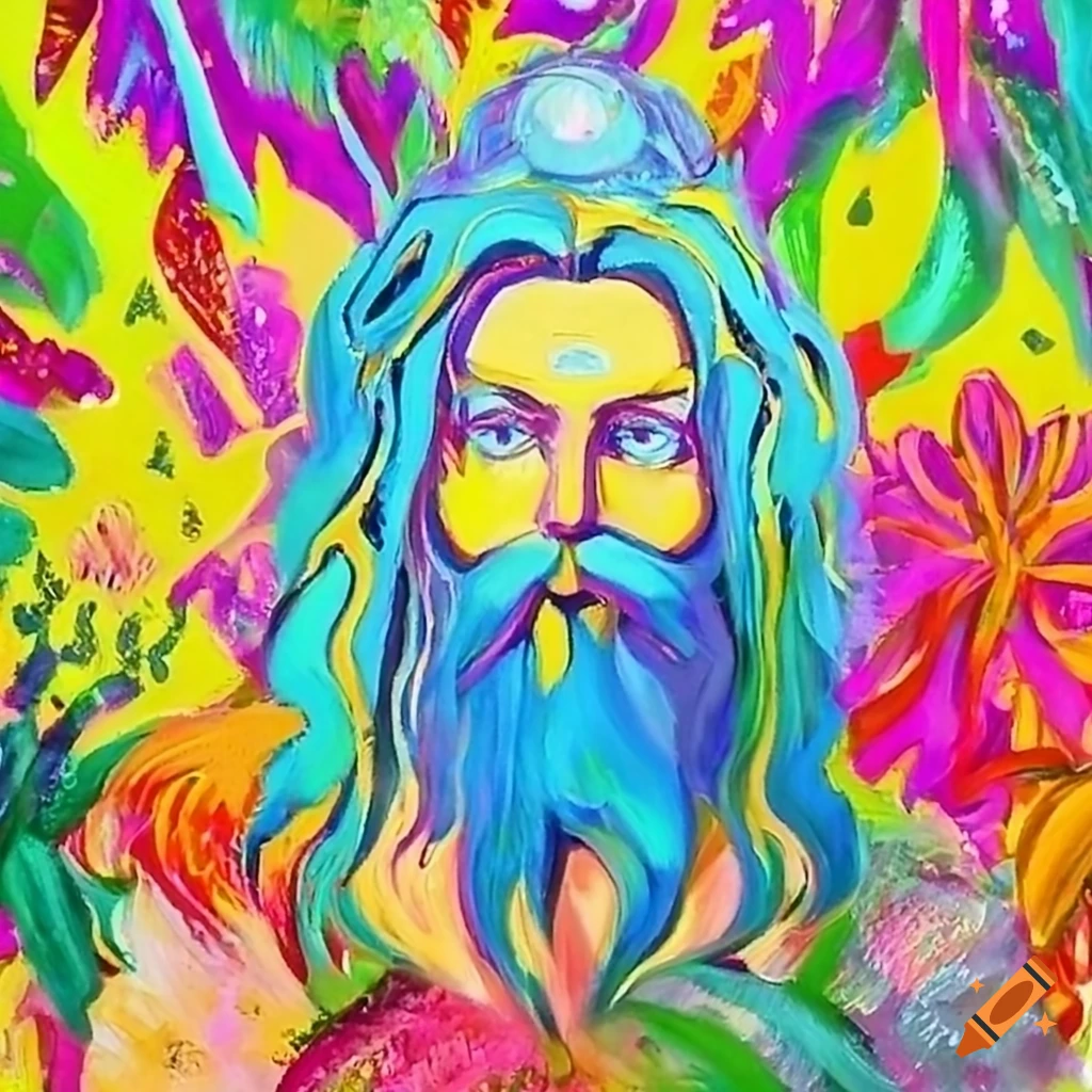 vibrant painting of a mystical bearded wizard in a space jungle