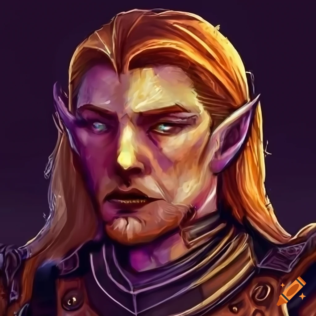 Illustration of a male half elf paladin with copper armor and purple ...