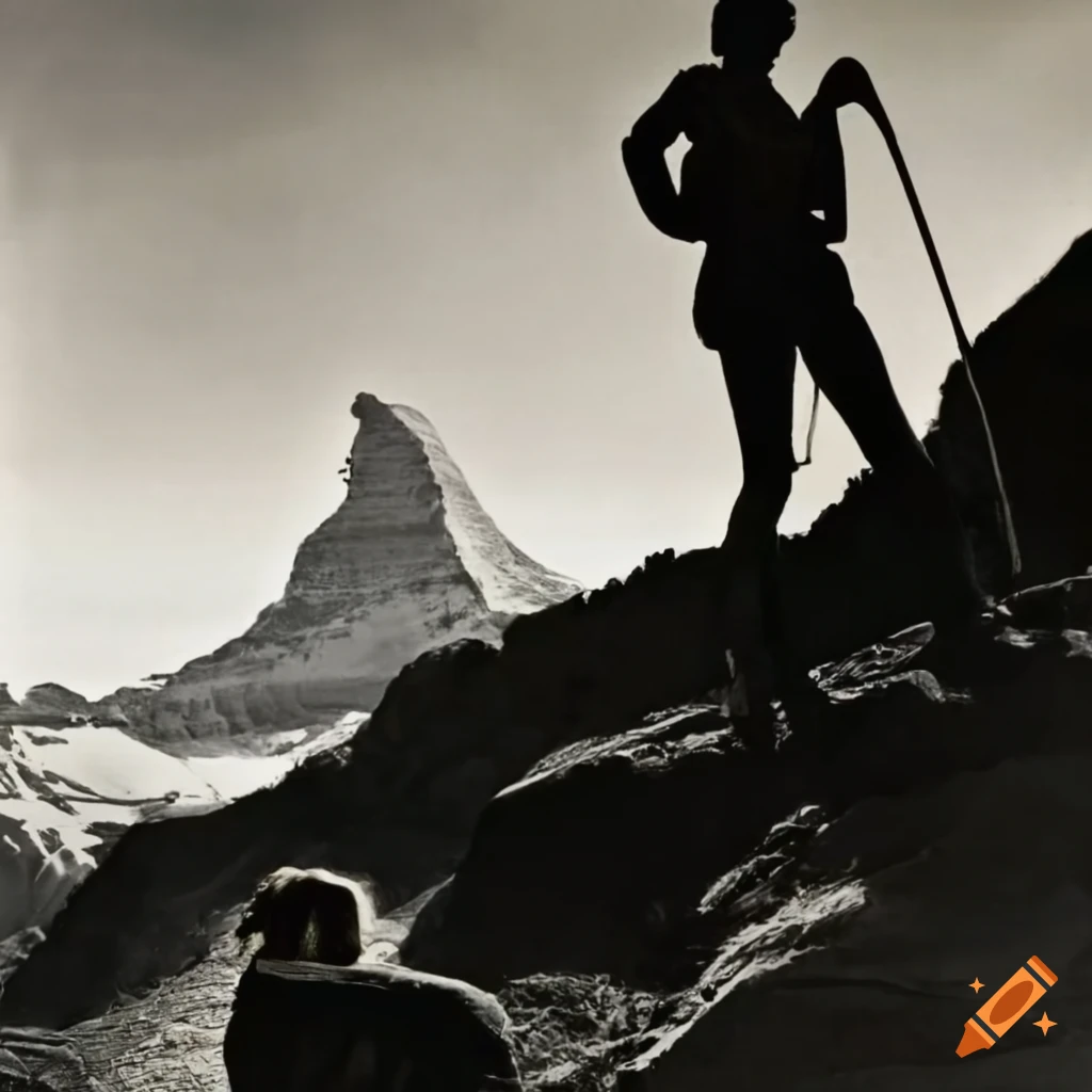 silhouette of a mountaineering lady with a beagle in front of Matterhorn