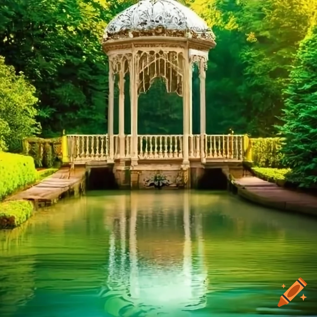 garden with rococo balcony and pond