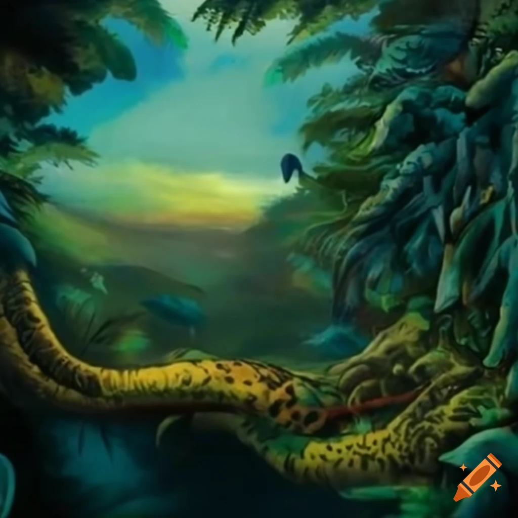 illustration of jungle landscape with animal-human hybrids