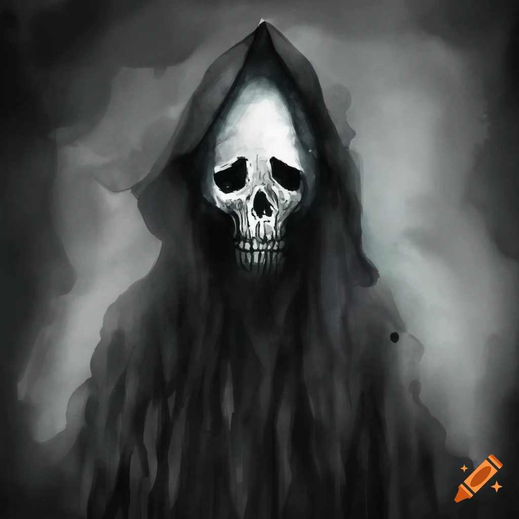 watercolor painting of a shrouded reaper in the fog
