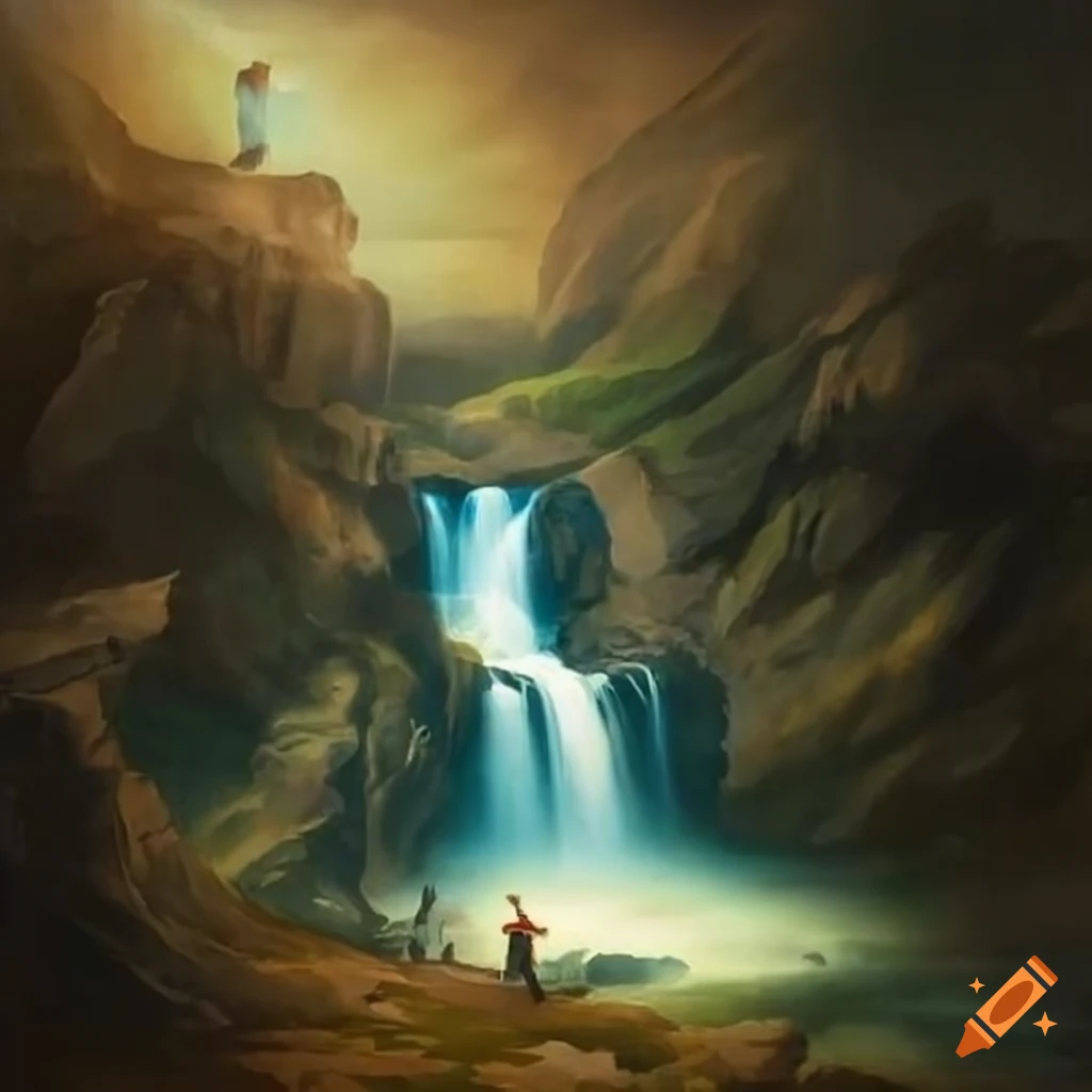 scenic view of a worker replacing a lamp in a valley with a waterfall