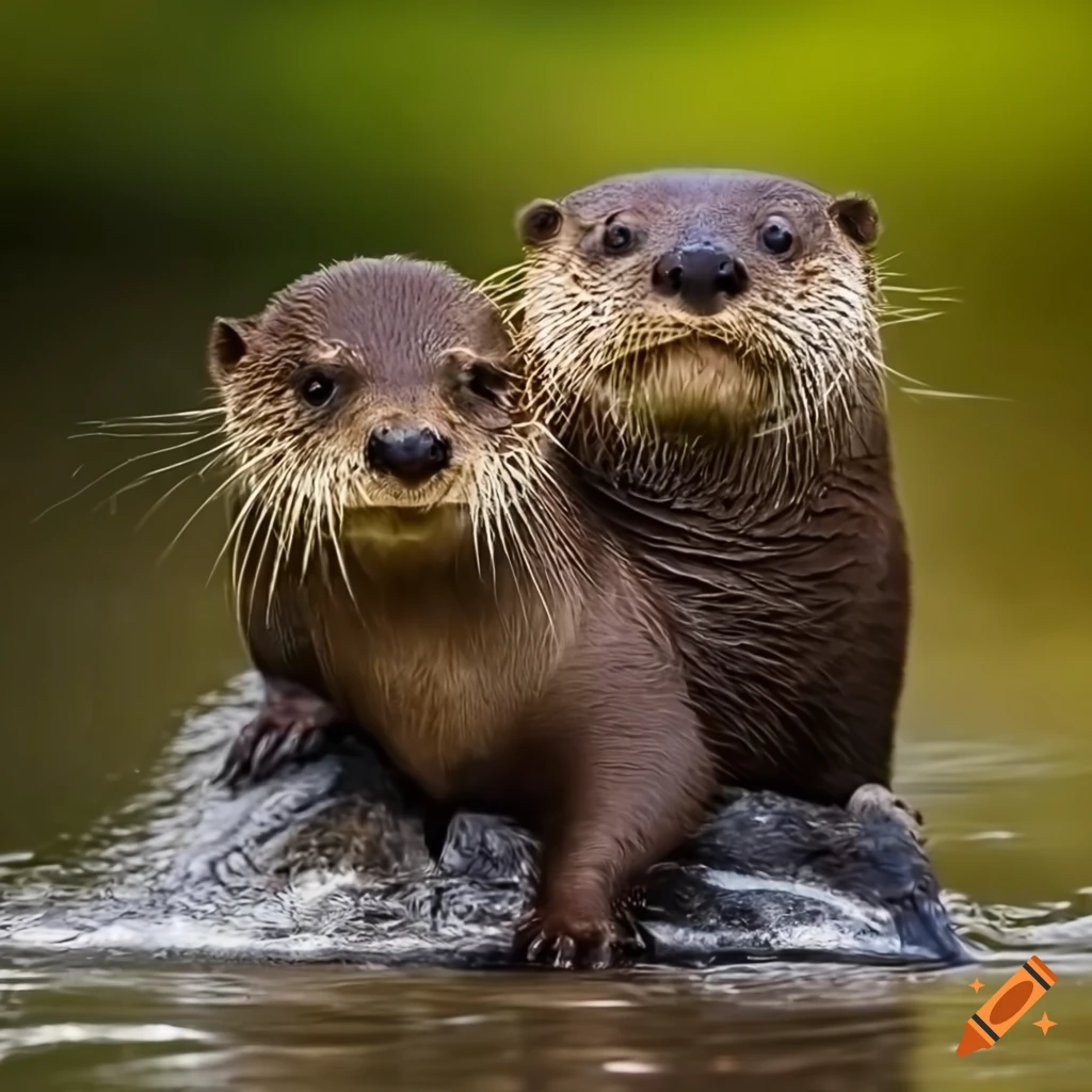 playful otter family in a rushing river