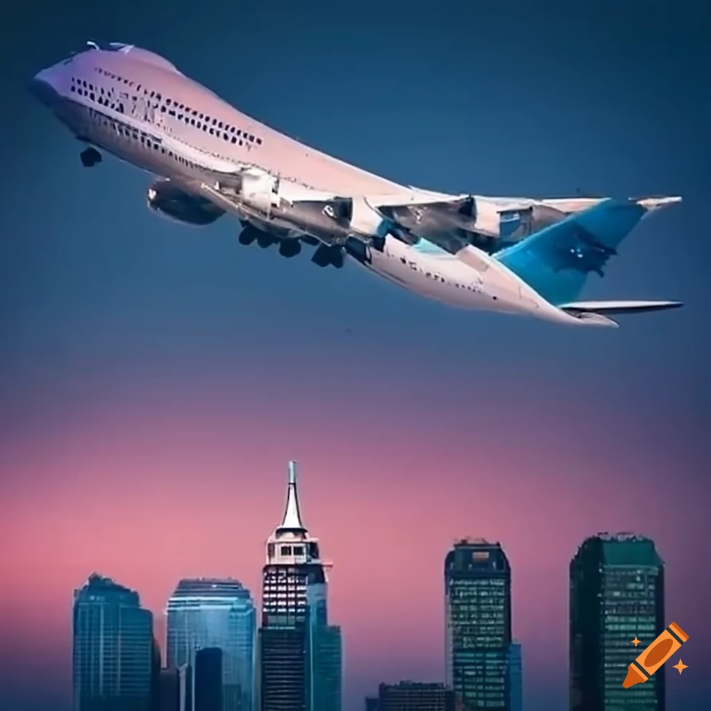 Boeing 747 parked next to a skyscraper