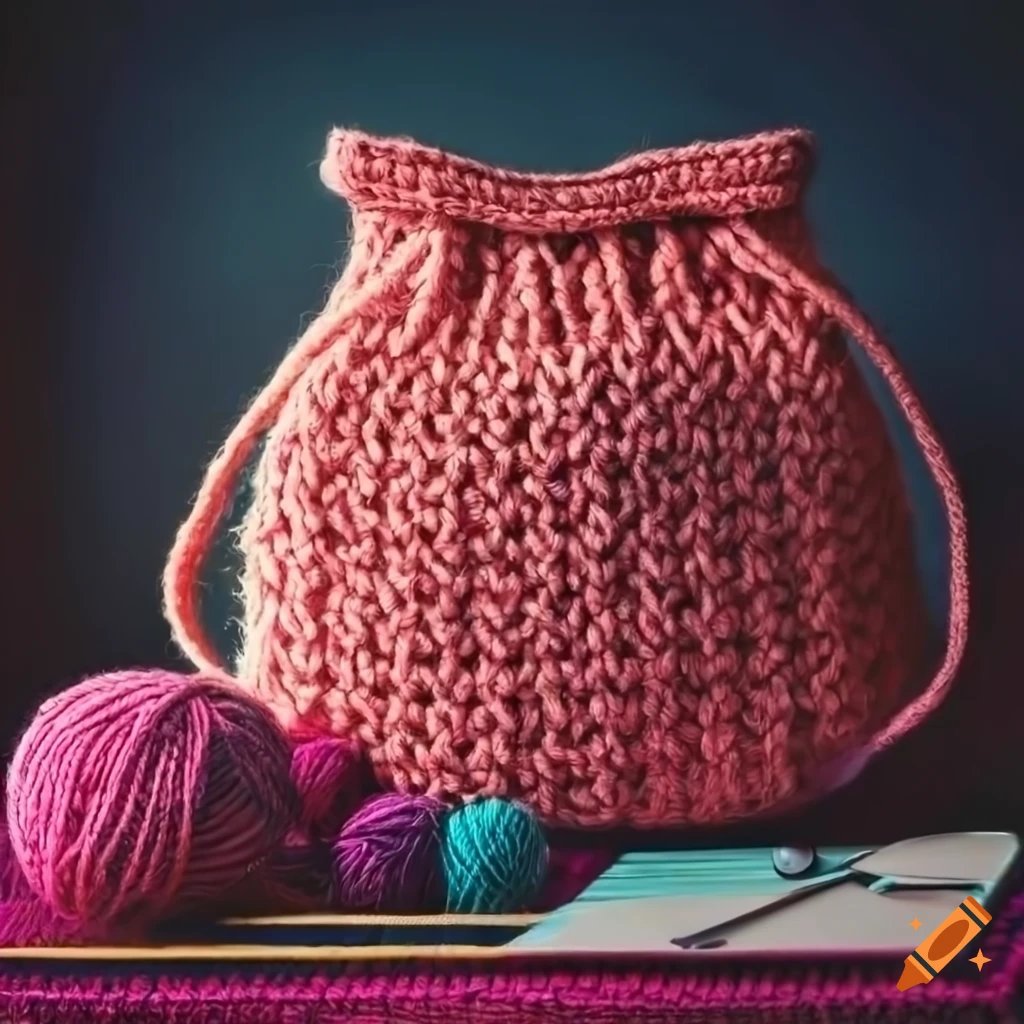 Vivid crochet shoulder bag on a table with knitting supplies on Craiyon