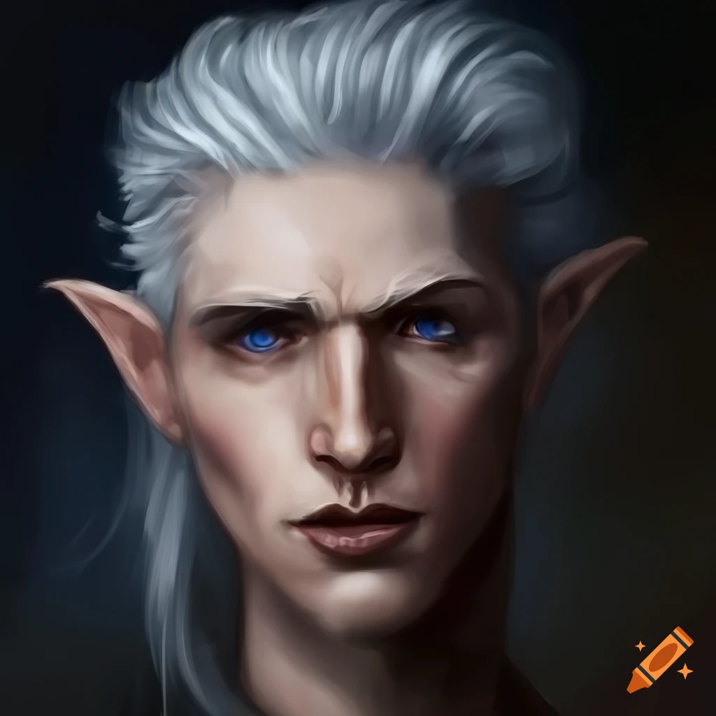 Charismatic half-elf with silver hair and fierce gaze