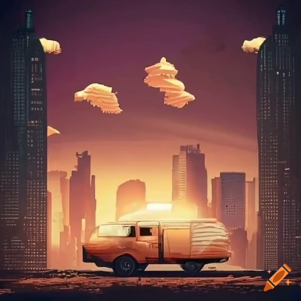 post-apocalyptic scene with a flying van