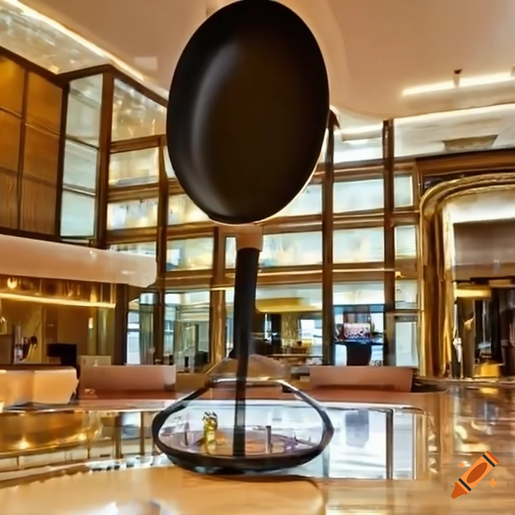 Deep Frying Hotel Unique architecture of a giant frying pan inside a hotel lobby on Craiyon