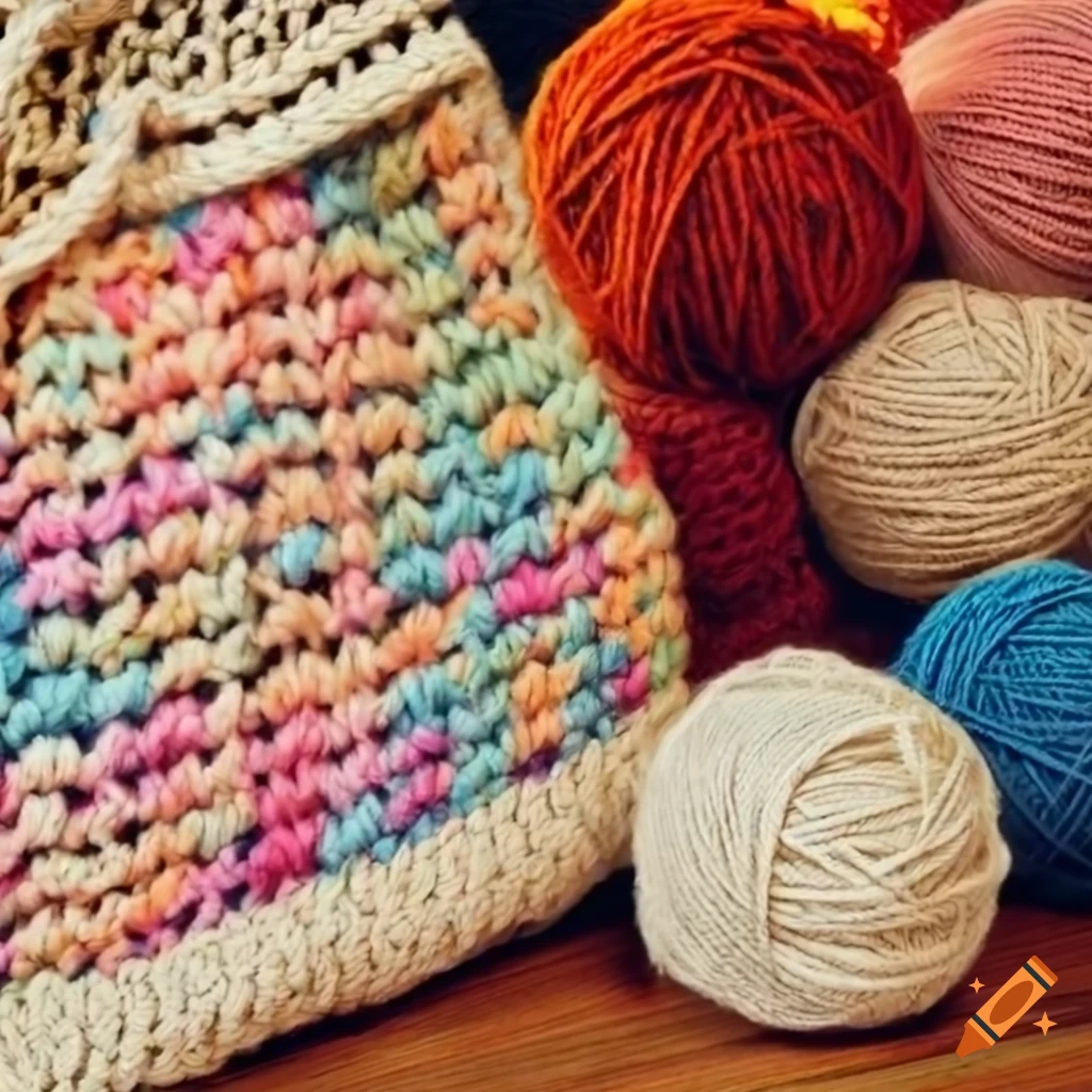 colorful crochet bag on a crochet table mat with knitting supplies