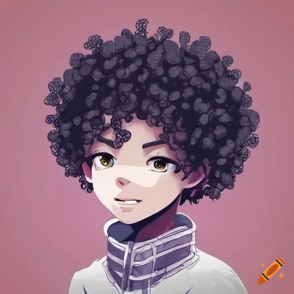 highly detailed anime character with black curly hair