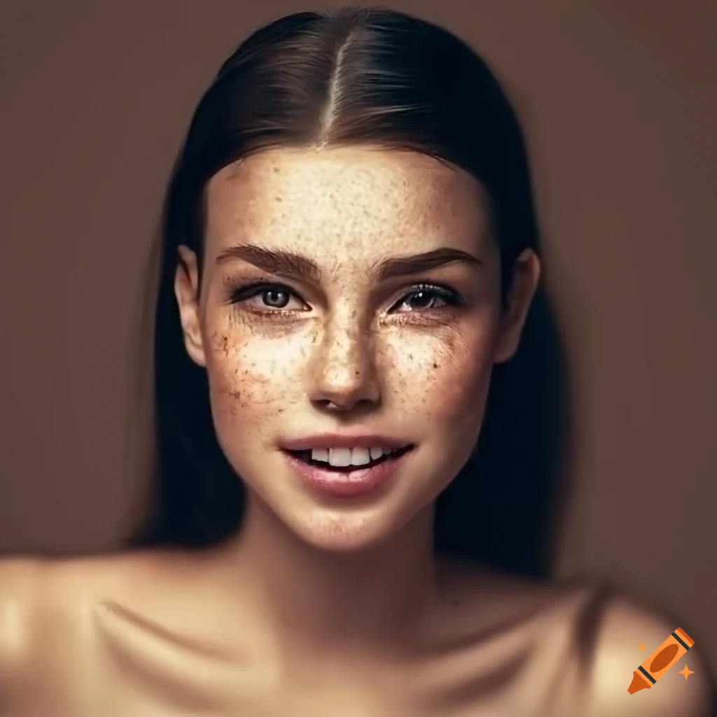 close-up portrait of a young woman with freckles and shy smile