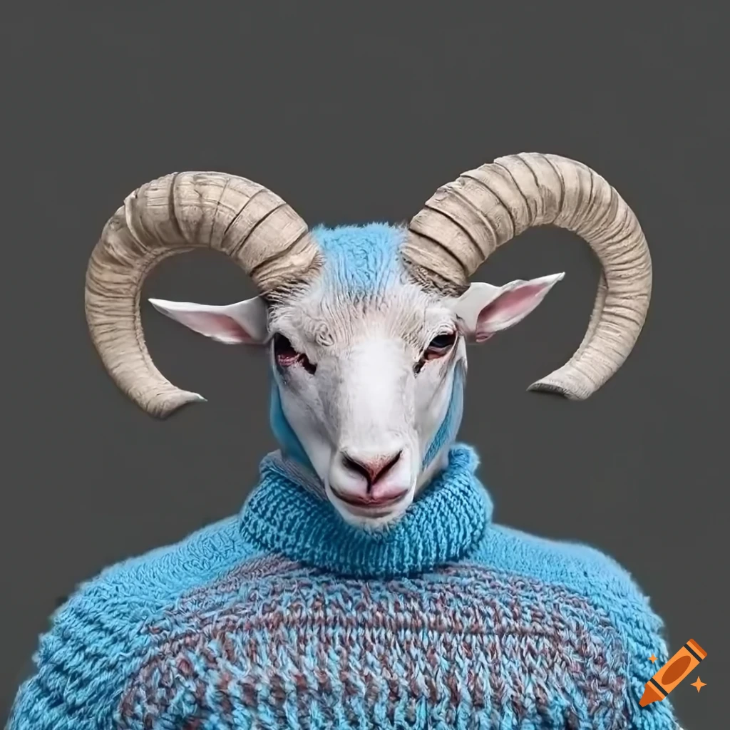 anthropomorphic ram wearing a knitted turtleneck sweater