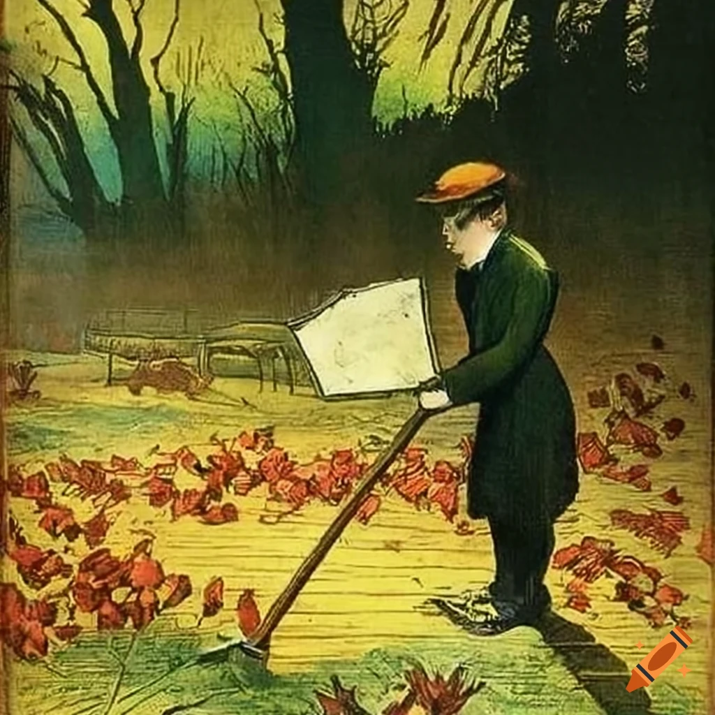 Vintage illustration poster of a person raking leaves on Craiyon