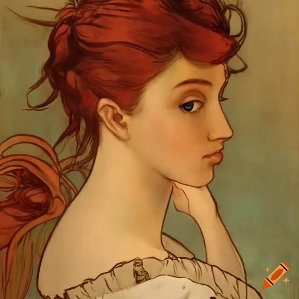 artistic depiction of a French girl inspired by Mucha and Toulouse-Lautrec