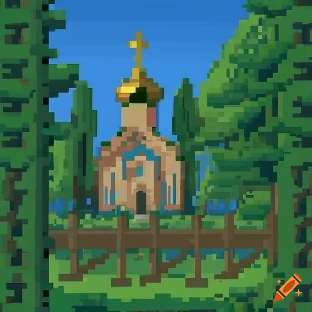pixel art of an orthodox church in a forest